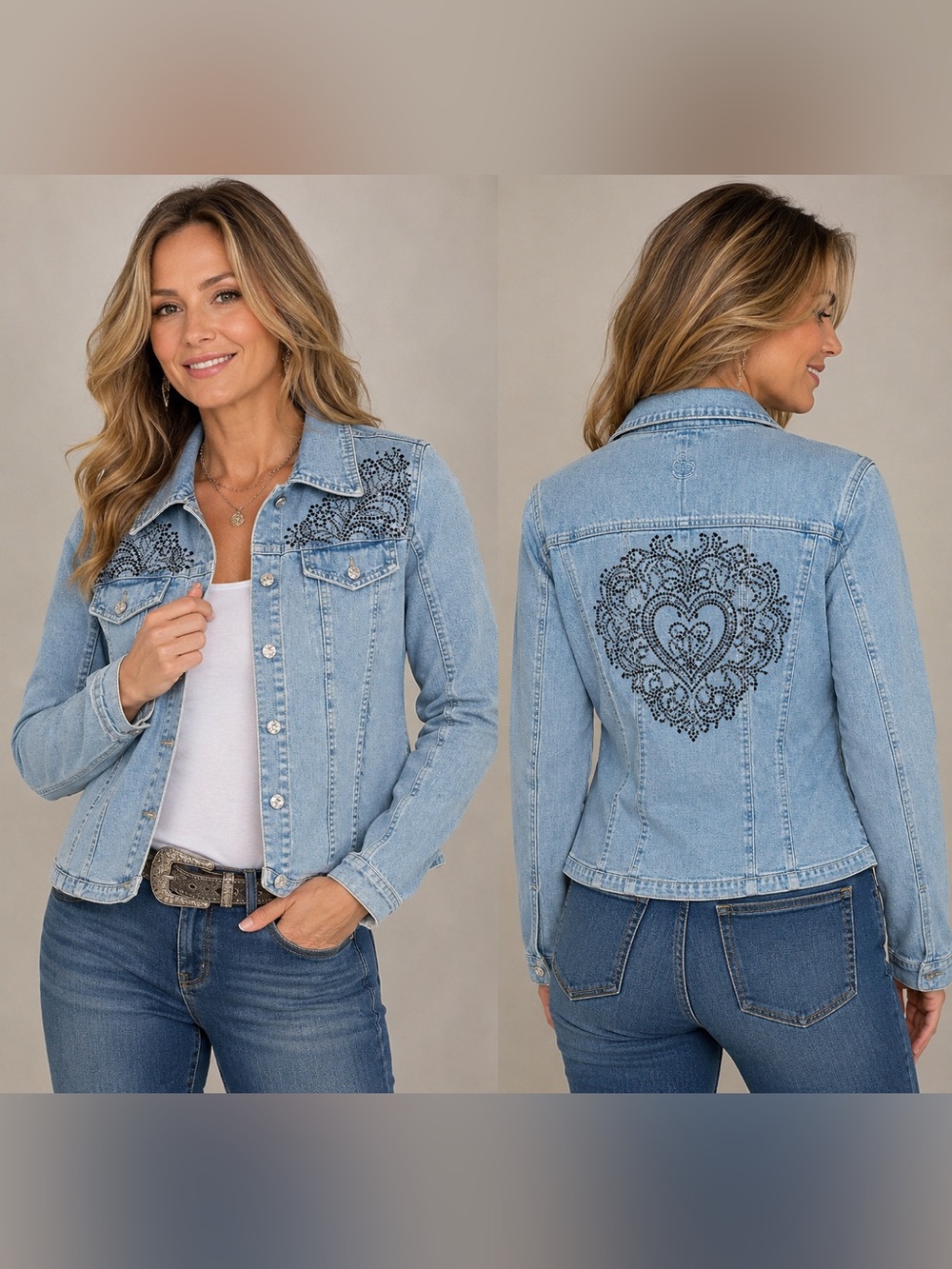 Christine Alexander Women’s Medium Embellished Denim Jacket Rhinestone Heart